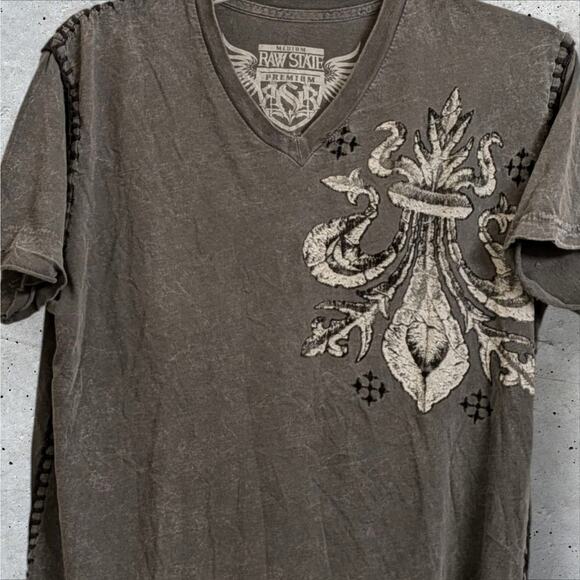 Vintage Affliction RAW STATE Fleur de Lis Wings Gray Shirt Black Stitch Detail M - Picture 3 of 6